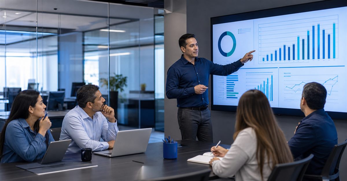 Asesor presentando soluciones administrativas y contables a un equipo de trabajo